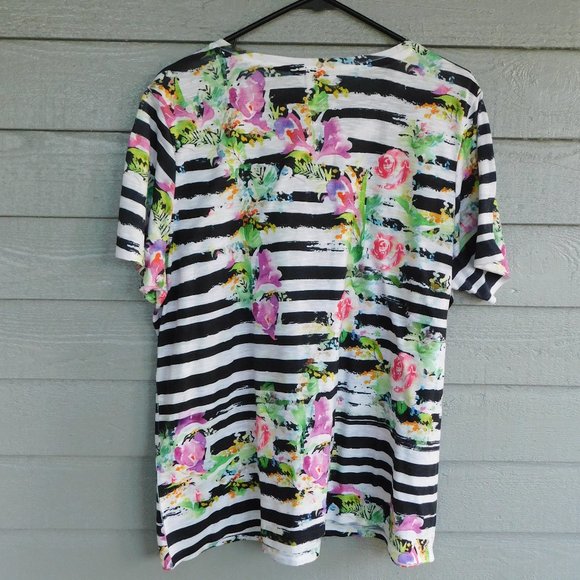 CJ Banks - Black & White Striped Floral Print Scoop Neck Tee Shirt - 1X - Picture 5 of 5